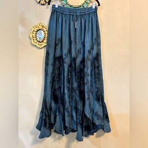 Boho Embroidered Maxi Skirt One Size Teal Blue Velvet Detail Elastic Waist Flowy